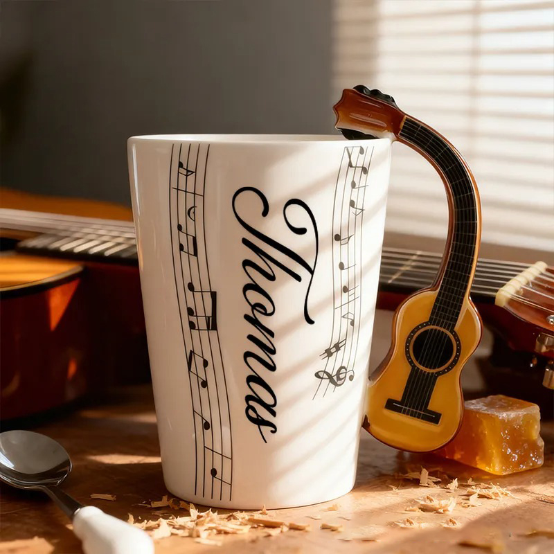 Personalized Custom Acoustic Guitar Handle Mug, Personalized Name Ceramic Coffee Cup with Musical Notes, Folk Music Lover Gift