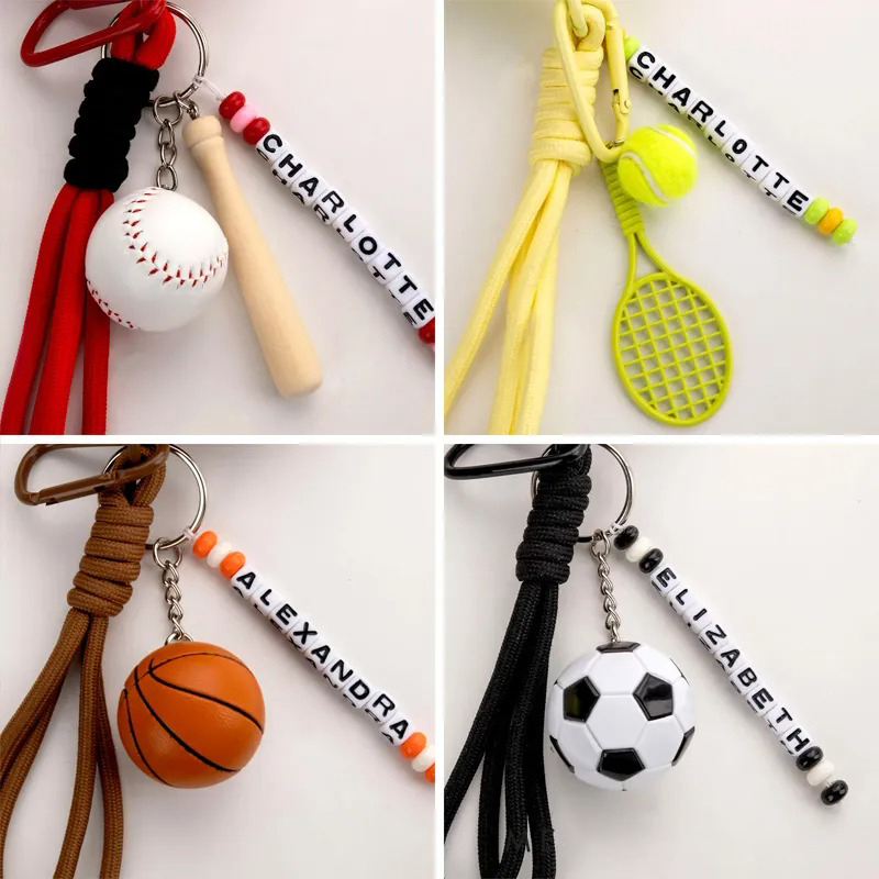 Personalized name keychain with beads, tennis ball charms, racket and ball charms, waterproof silicone storage pouch for headphones, gift for tennis lovers