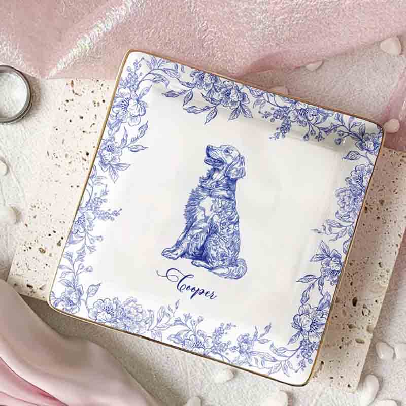 Personalized Dog Lover Chinoiserie Toile De Jouy Style Ring Dishes
