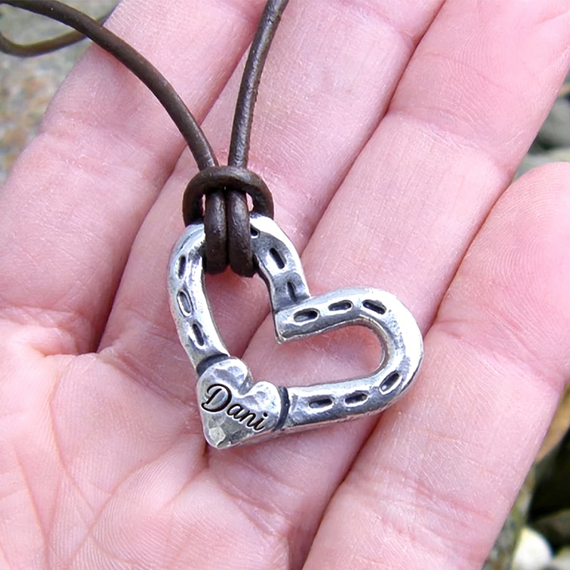 Personalized Heart and Horse Shoes Necklace Horse Love Pendant Rustic Handmade Jewelry Hand Hammered Gift for Equestrain Lovers