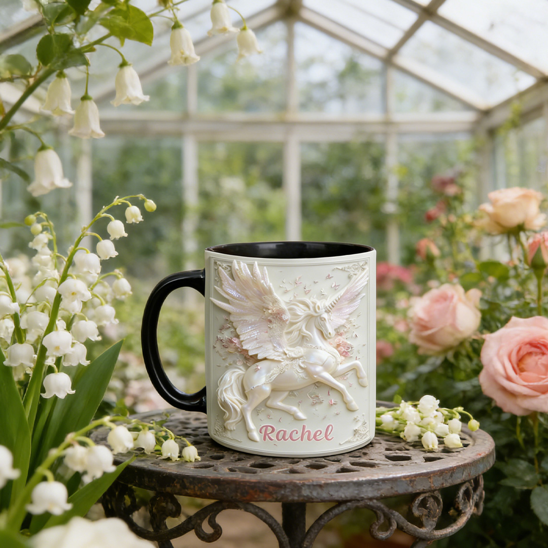 Personalized Horse Shell Pearl Pegasus Angel Mug Ceramic 3D Graphic Patterns Cup Gift for Horse Riding Equestrian Lovers