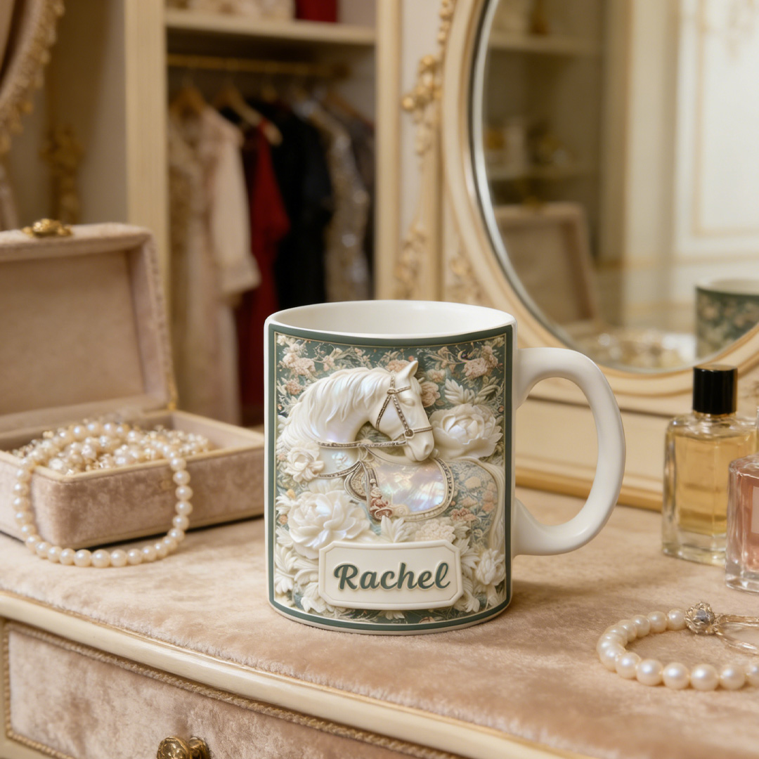 Personalized Horse Shell Pearl Floral Mug Ceramic 3D Graphic Patterns Cup Gift for Horse Riding Equestrian Lovers