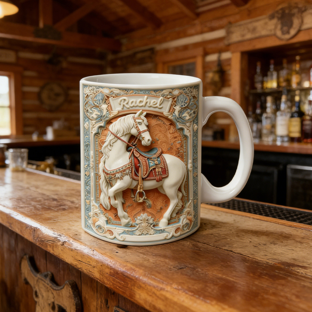 Personalized Western Cowboy Horse Mug Ceramic 3D Graphic Patterns Cup Gift for Horse Riding Equestrian Lovers