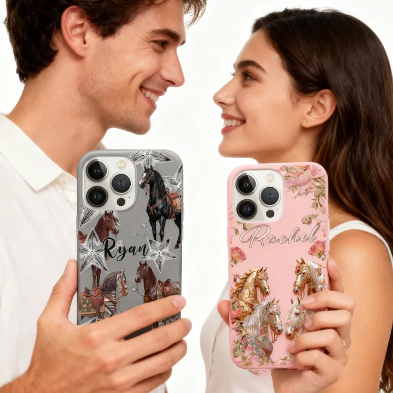 Personalized Couple Phone Case Phone Cases with French Countryside Gifts Floral Design and Custom Name for Riding Lovers Equestrian Lovers Unique Style Phone Cases