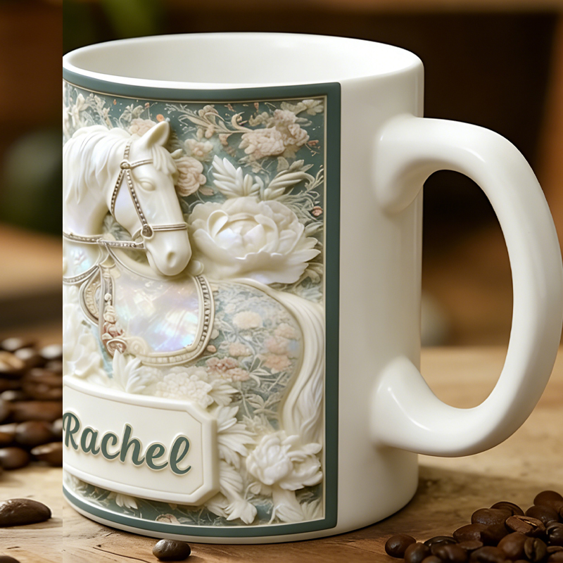 Personalized Horse Shell Pearl Floral Mug Ceramic 3D Graphic Patterns Cup Gift for Horse Riding Equestrian Lovers