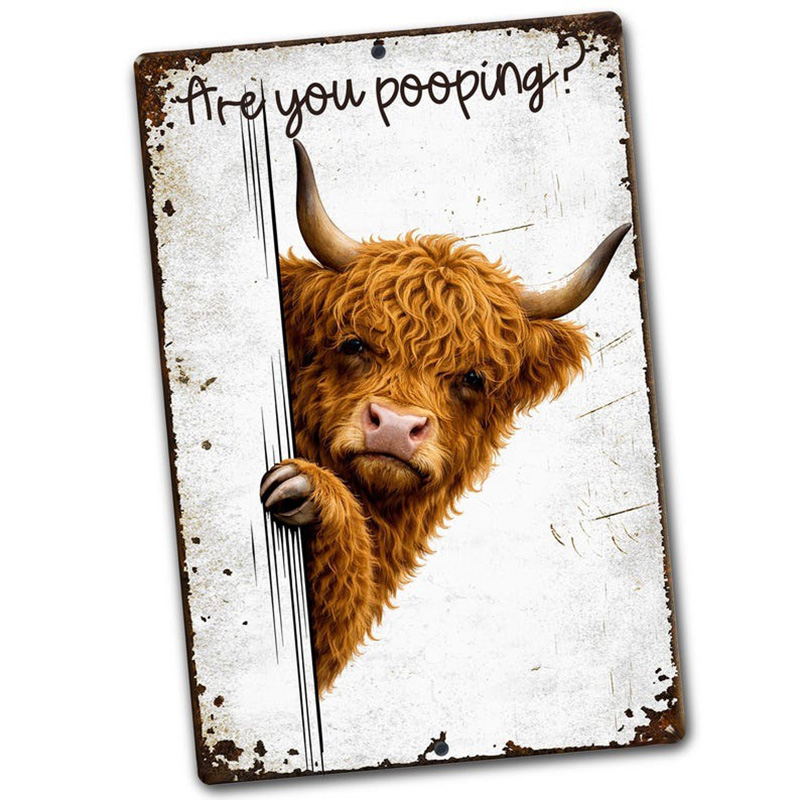 Are You Pooping Highland Cow Sign, Funny Peeking Bathroom Decor, Rustic Farmhouse Humor