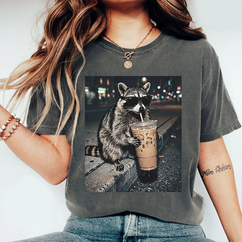Raccoon Drinking Iced Coffee Shirt, Funny Animal Meme Tee, Coffee Lover Raccoon T-tshirt