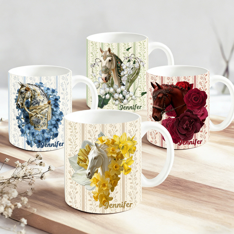 Personalized Birth Flower Horse Coffee Mug Elegant Ceramic Vintage Wares Cup Gift for Horse Riding Equestrian Lovers