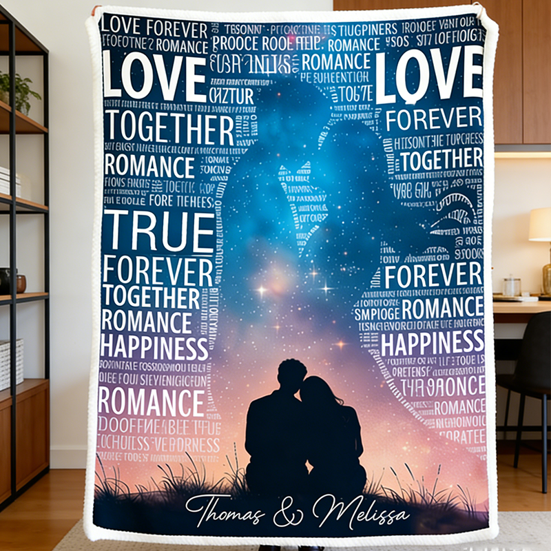 Personalized Couple Cloud Word Starry Sky Silhouette Blanket Valentine's Day Gift for Couple Cloud Word Blanket Love Story Blanket For Her