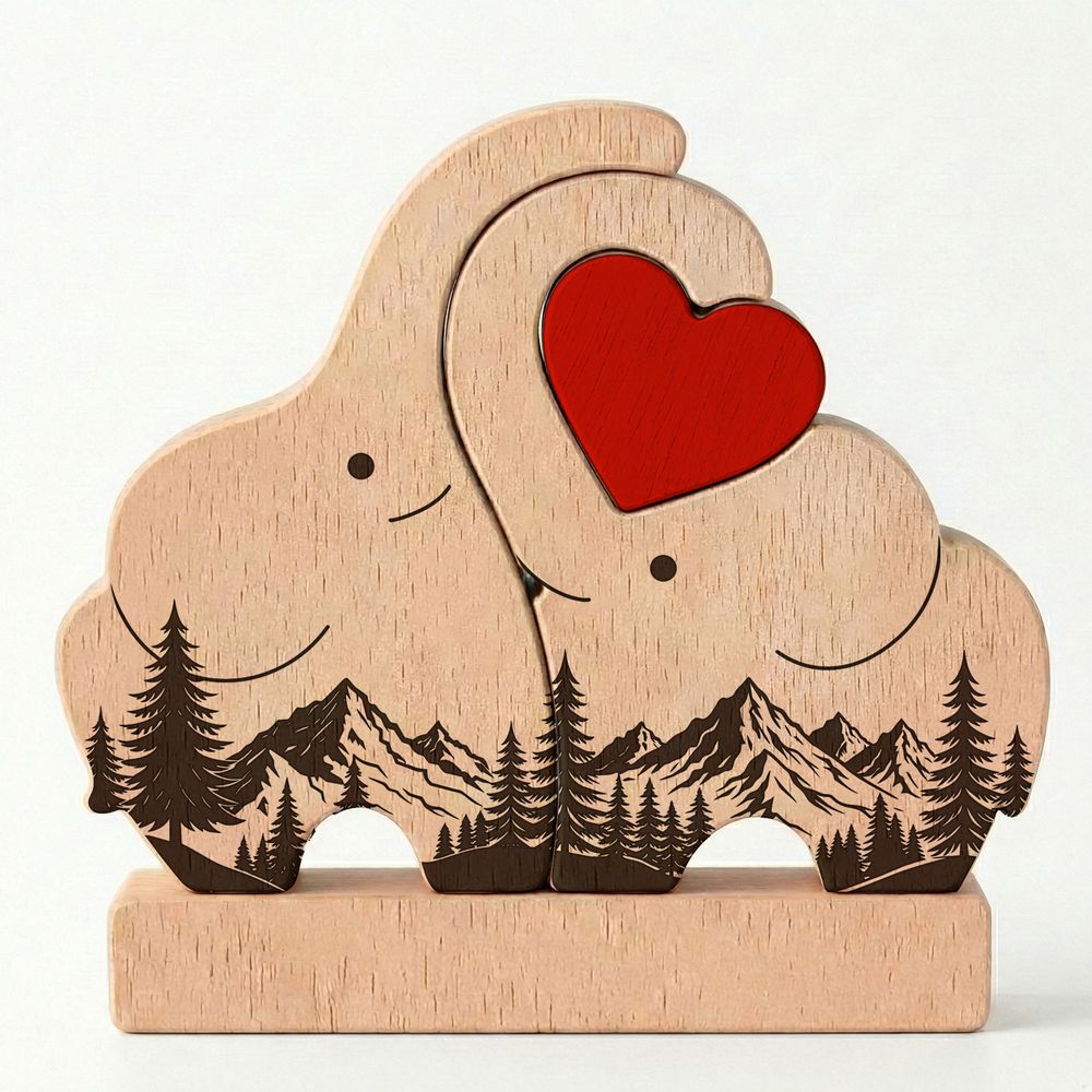 Personalized Custom Engraved Family Name Gift Home Decor Anniversary Present Love Keepsake Elephant Family Wooden Puzzle