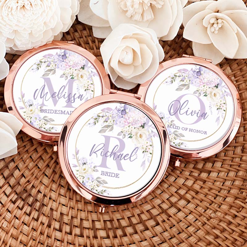 Personalized Bridesmaid Floral Wreath Mirror Custom Bride Name Compact Mirror Bachelorette Party Mirror Bridal Shower Gift for Her