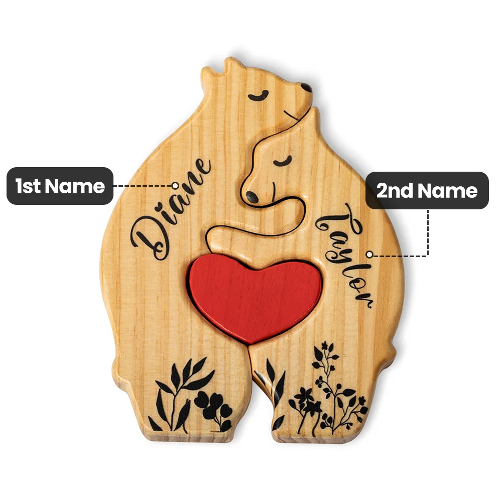 Personalized Wooden Bear Family Puzzle with 2-6 Names and Red Heart Desk Decoration Birthday Mother's Day Gift for Family