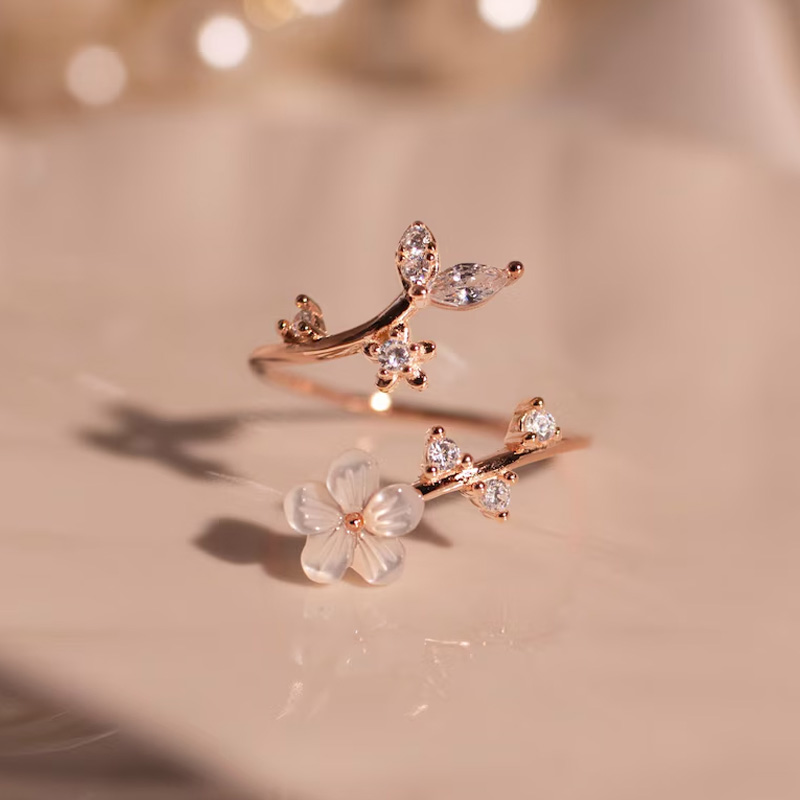 Personalized Birth Flower Ring Mother of Pearl Sakura Rings Adjustable Delicate Personalized Birthstone Gift Mather's Day Gift