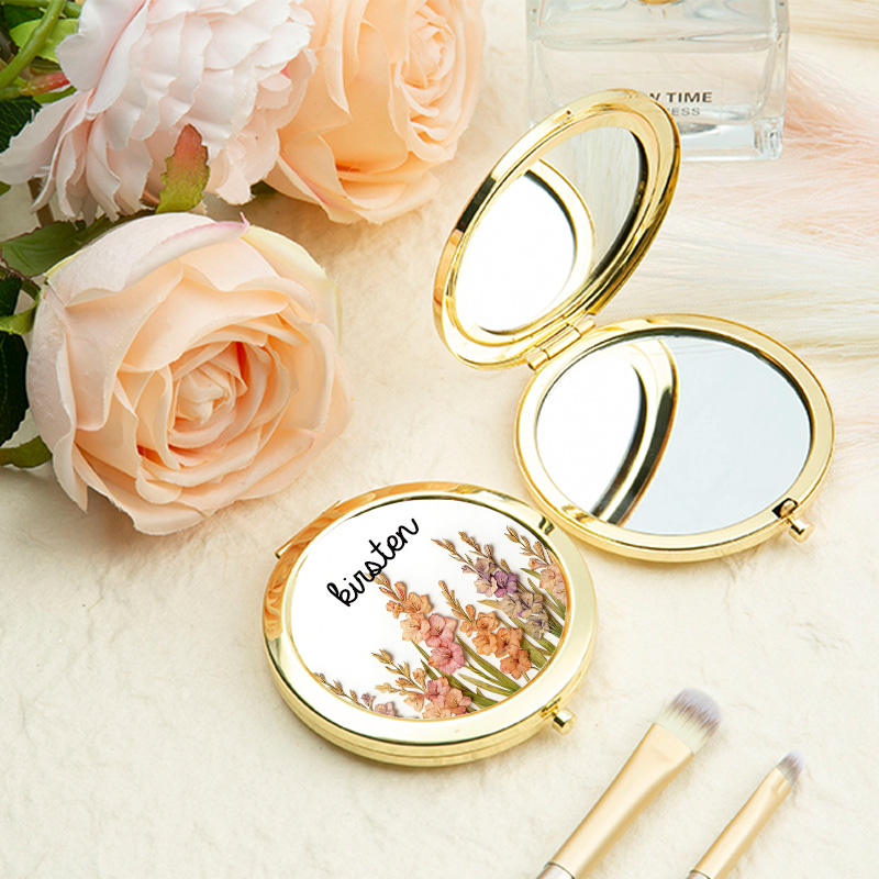 Personalized Bridesmaid Compact Mirror Dried Pressed Birth Floral Compact Mirror Custom Bride Name Compact Mirror Bachelorette Party Mirror Bridal Shower Gift for Her