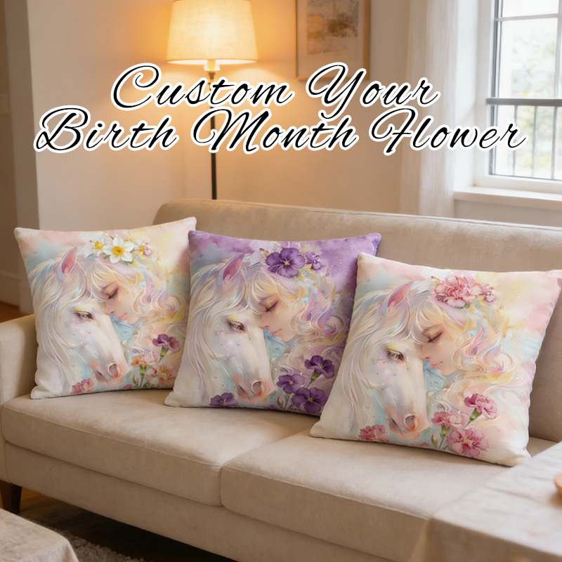 Personalized Birth Flower Horse And Girl Throw Pillow Equestrian Pillow Cover French Farmhouse Decor for Riding Lovers Equestrian Lovers