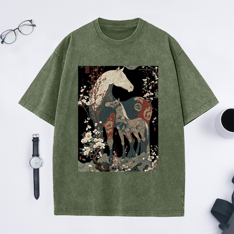 Japanese Ukiyo Horses Washed T-Shirts Gift Shirt for Riding Equestrain Lovers