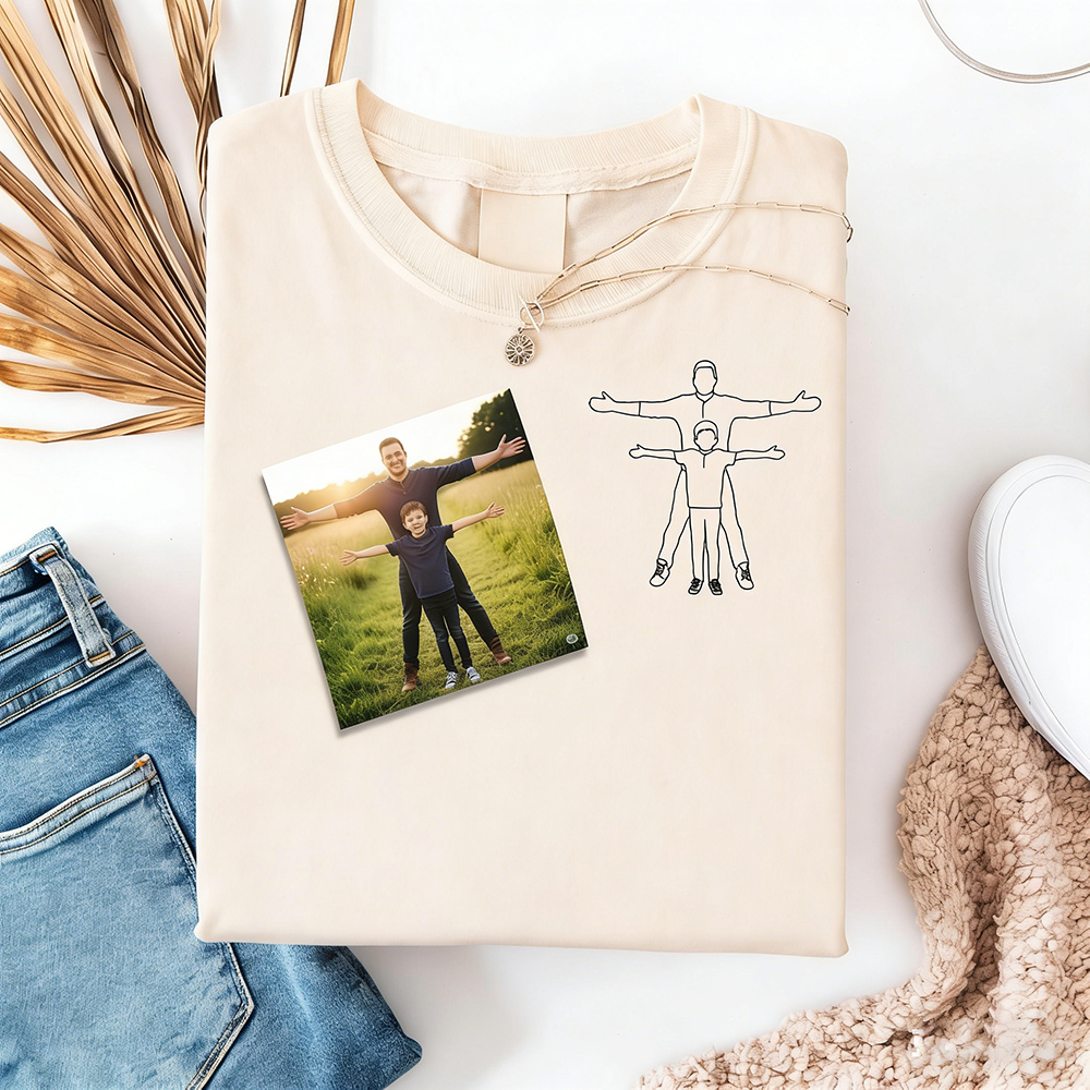 Custom Embroidered Portrait T Shirt Personalized Sketch from Photo Matching Family or Couple Tee Unique Gift for Parents Partner and Friends