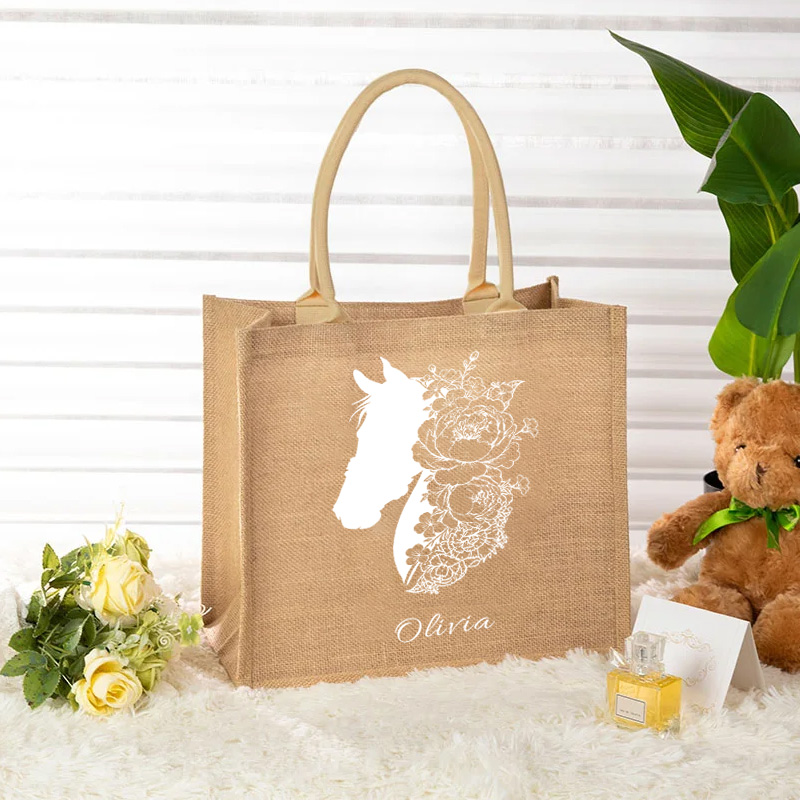 Personalized Birth Flower Horse Burlap Reuseable Jute Tote Bag with Name Birthday Gift for Riding Equestrian Lovers