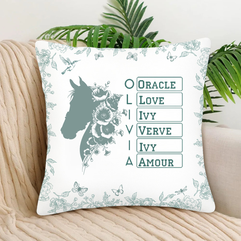 Personalized Toile De Jouy Horse Birth Flower Soft Throw Pillow Cover with Name Home Decor Birthday Gift for Equestrain Lovers
