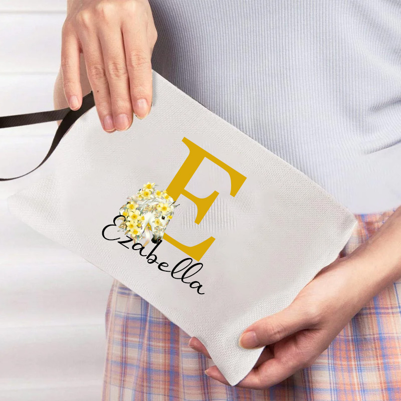 Personalized Birth Flower Horse Makeup Bag Cosmetic Bag Horse Lover Gift Linen Zipper Pouch for Equestrian Lovers