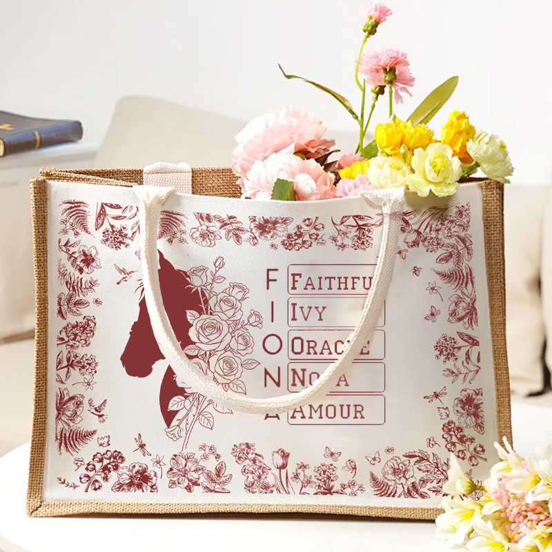 Personalized Toile De Jouy Horse Birth Flower Tote Bag with Name Birthday Gift for Riding Equestrian Lovers