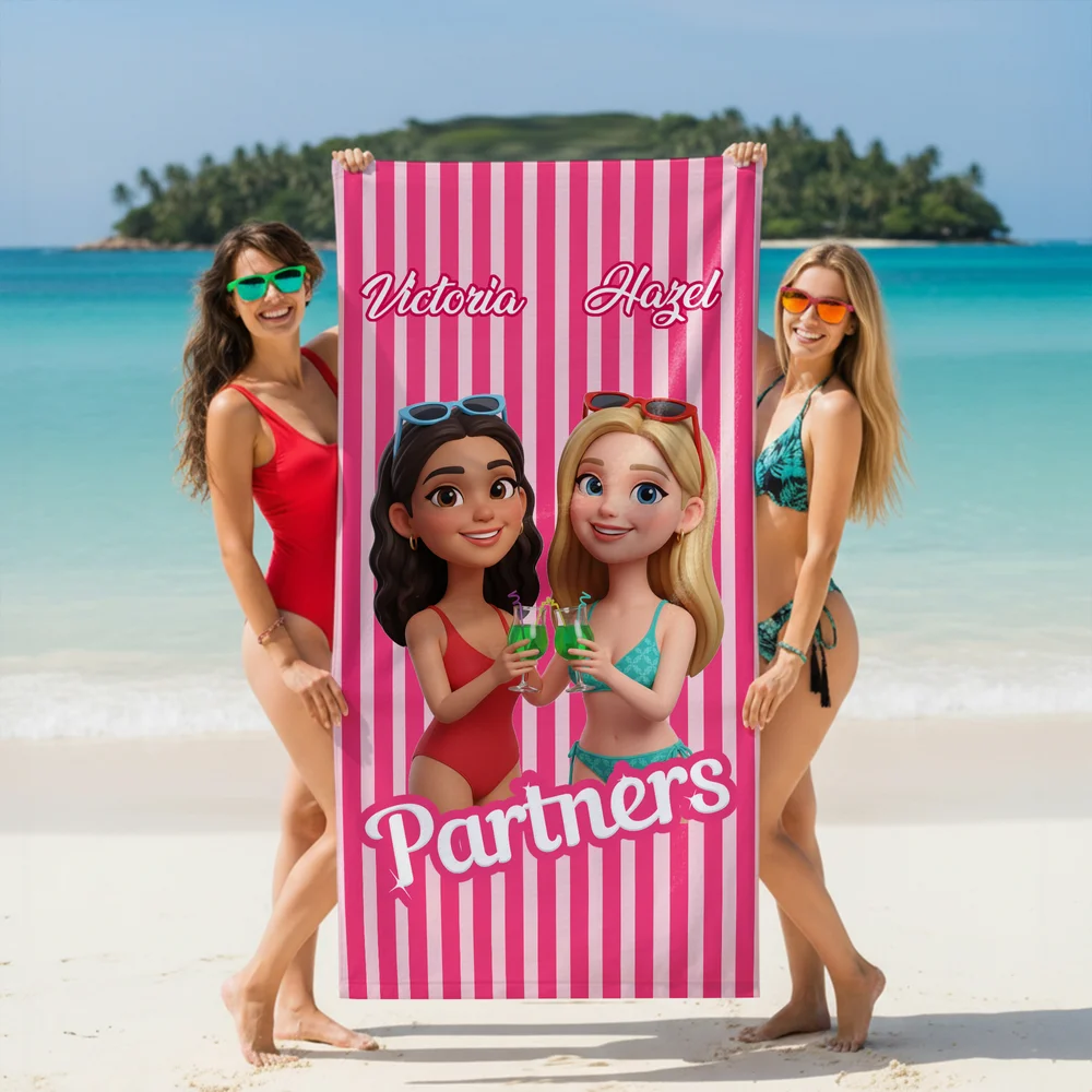 Personalized Cartoon Character Photo Design Quick Dry Oversized Striped Beach Towel with Name Travel Essential Birthday Gift for Sister Friend