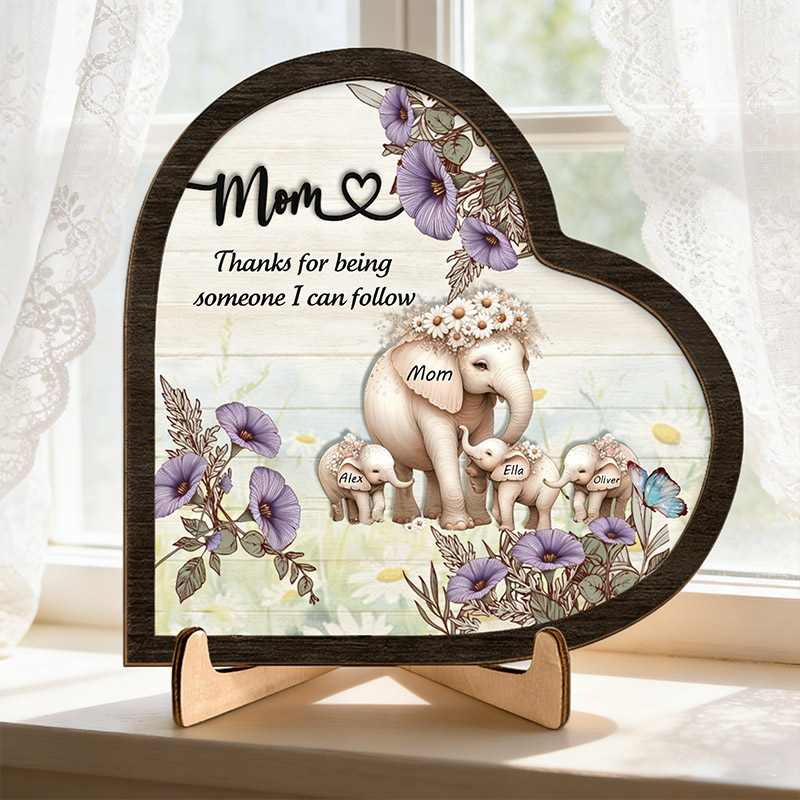 Personalized Thanks For Being Someone I Can Follow Birth Flower Sign Mom Elephant with Little Kids Wooden Plaque Gift for Mom Grandma Mother's Day