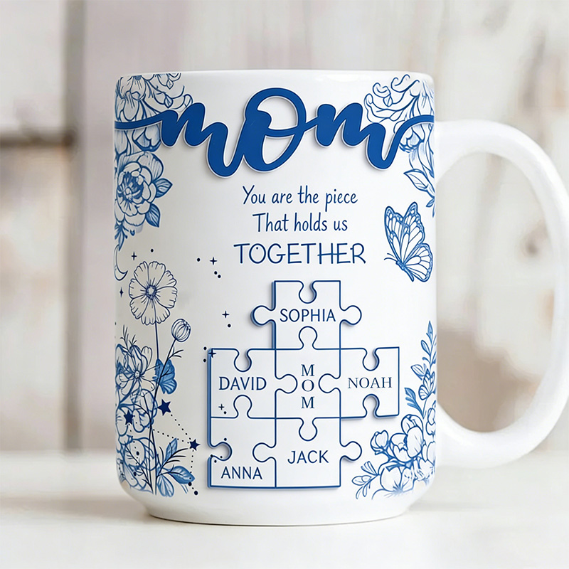 Personalized Mom Puzzle Piece Pottery Mug with Birth Flower You Are The Piece That Hold Us Together Mug Gift For Mom Mother's Day Gift
