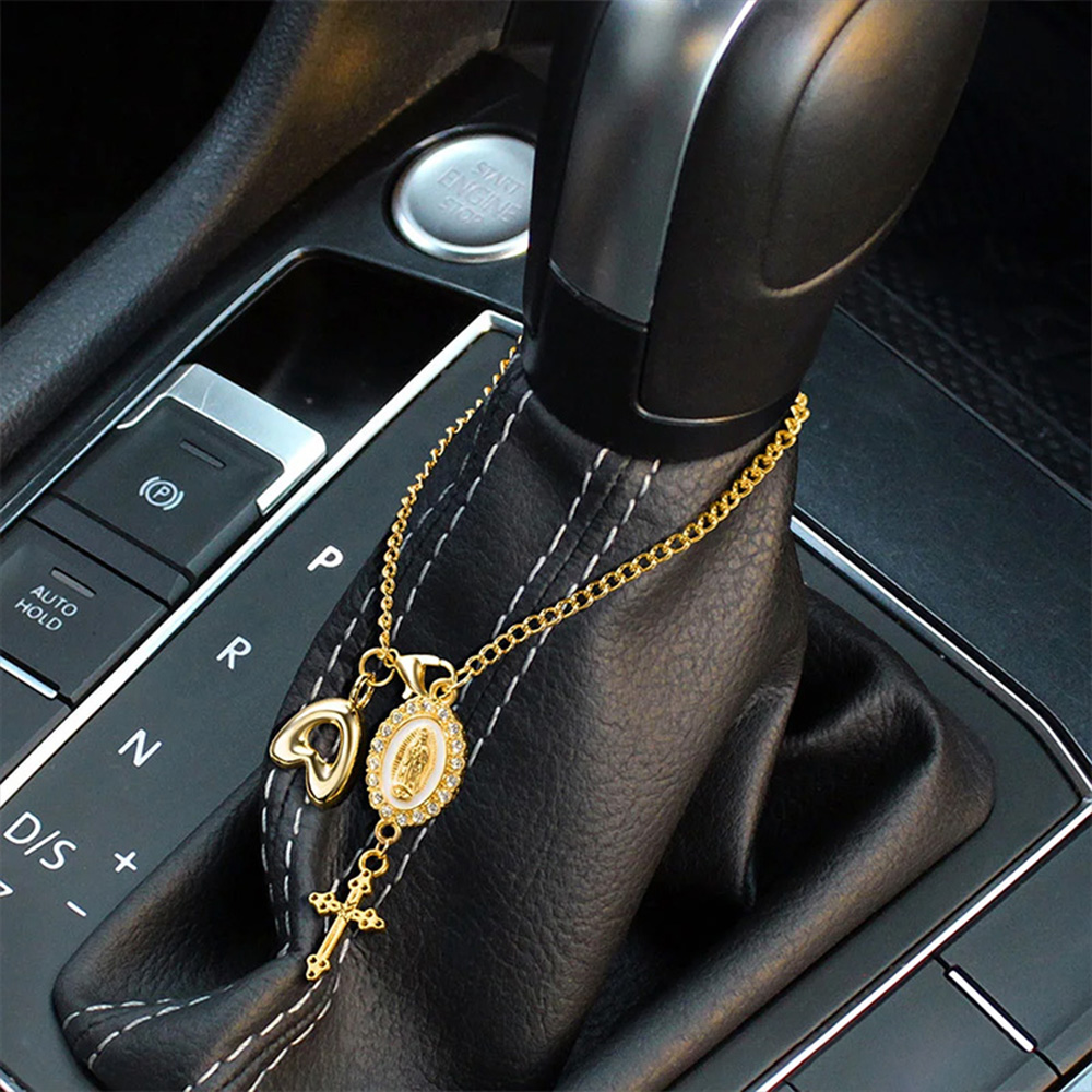 Personalized Zircon Virgin Mary & Cross Steering Wheel Rosary Charm with Bubble Initial – Car Decor, Prayer & Safety Gift for Christian Drivers