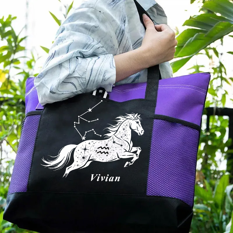 Personalized Zodiac Horoscope Horse Tote Bag with Name Travel Essentials Birthday Gift for Equestrain Lovers