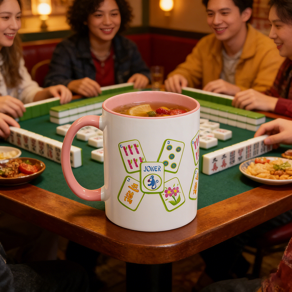 Pink and Green Mahjong Coffee Mug Mahjong Tile Design Ceramic Cup Gift for Mahjong Lovers Game Night Tea Cup