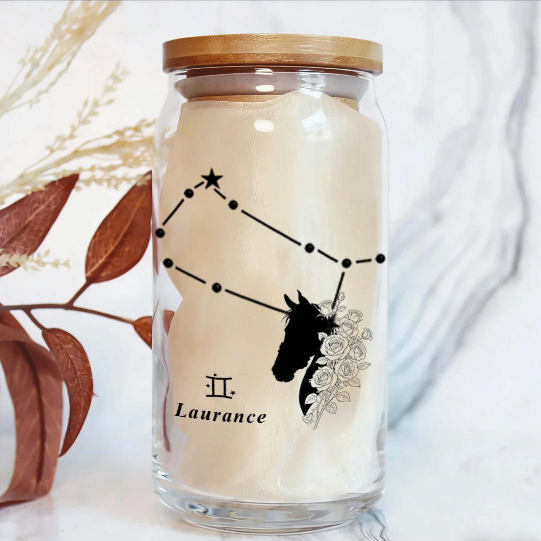 Personalized Name Zodiac and Horse Birth Flower Can Tumbler Glass with Bamboo Lids for Equestrain Lovers