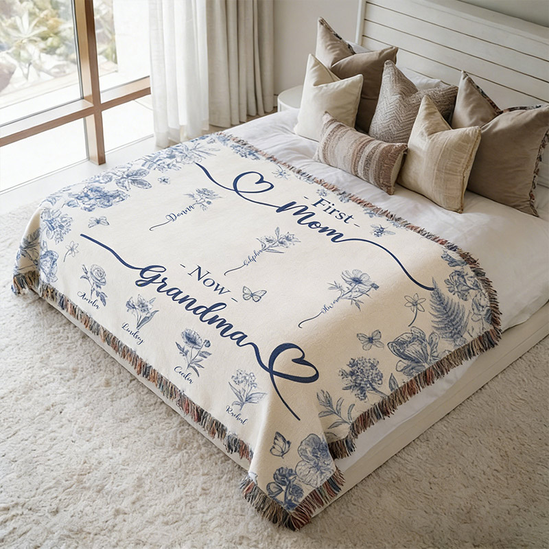 Personalized Grandma Blanket With Birthflower and Grandkids Names Woven Floral Throw Gift For Nana Gigi Mimi Custom Grandmother Mom Birthday Gift Mother's Day Gift