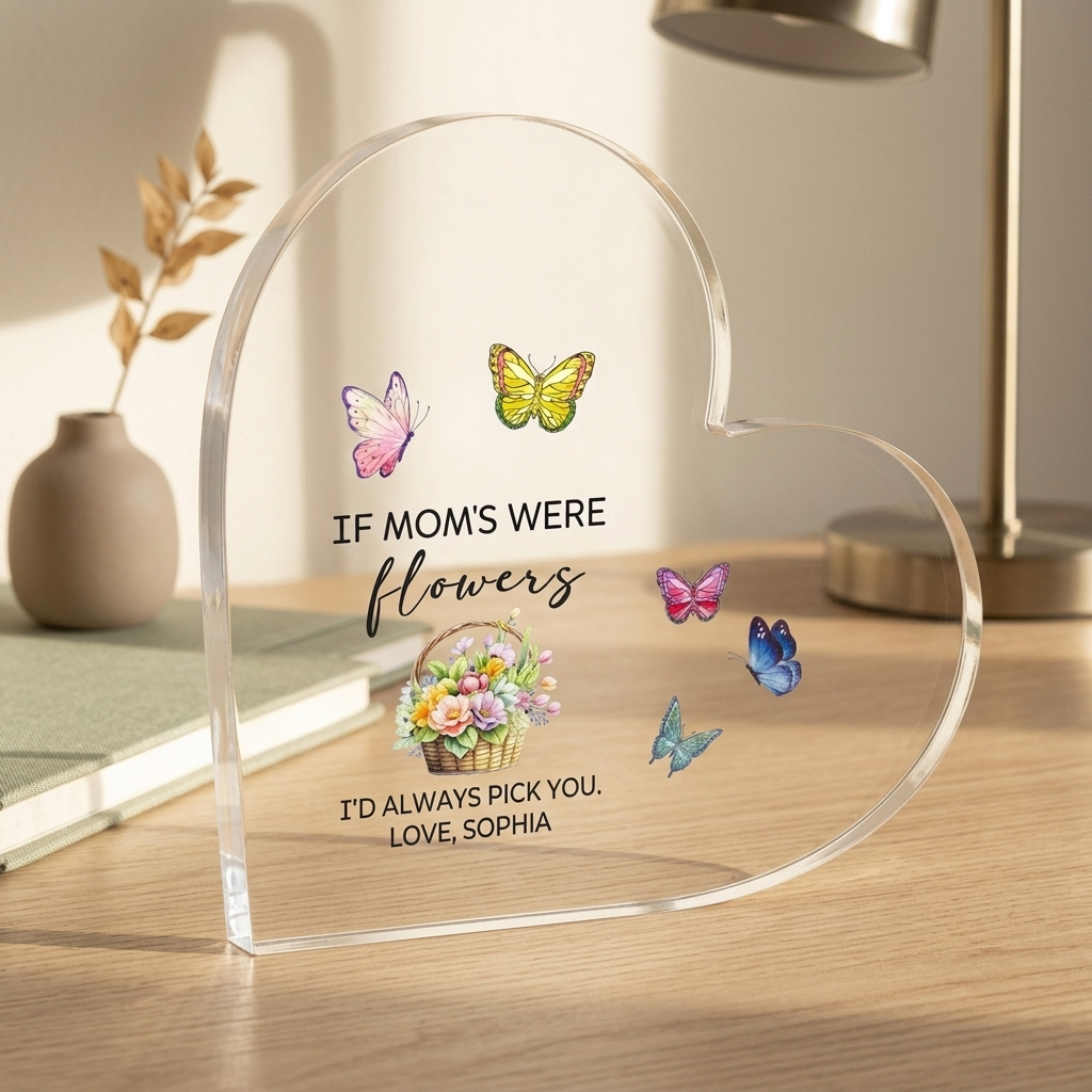 Personalized Heart Acrylic Plaque – ‘If Moms Were Flowers, I’d Pick You’ Mother’s Day Gift