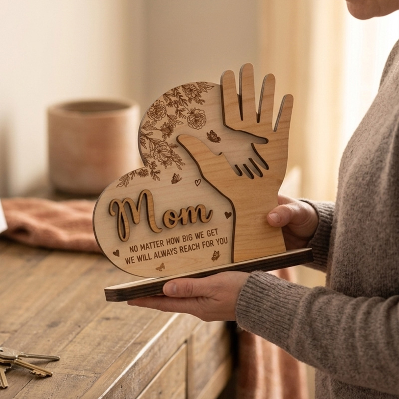 Wooden Handprint Heart Plaque Gift Unique Home Decoration for Mothers Day Anniversary Keepsake