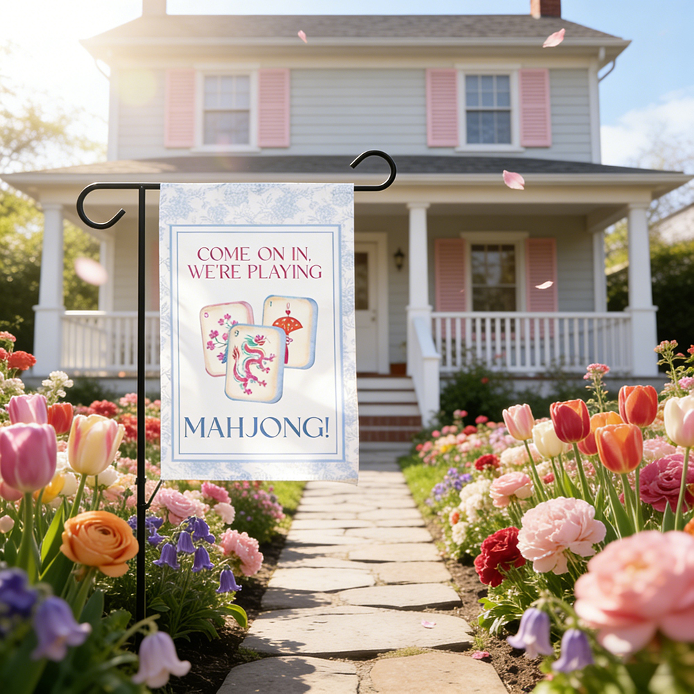 Mahjong Garden Flag Floral Welcome Sign for Porch or Patio Spring Outdoor Yard Decoration Gift for Mahjong Lovers