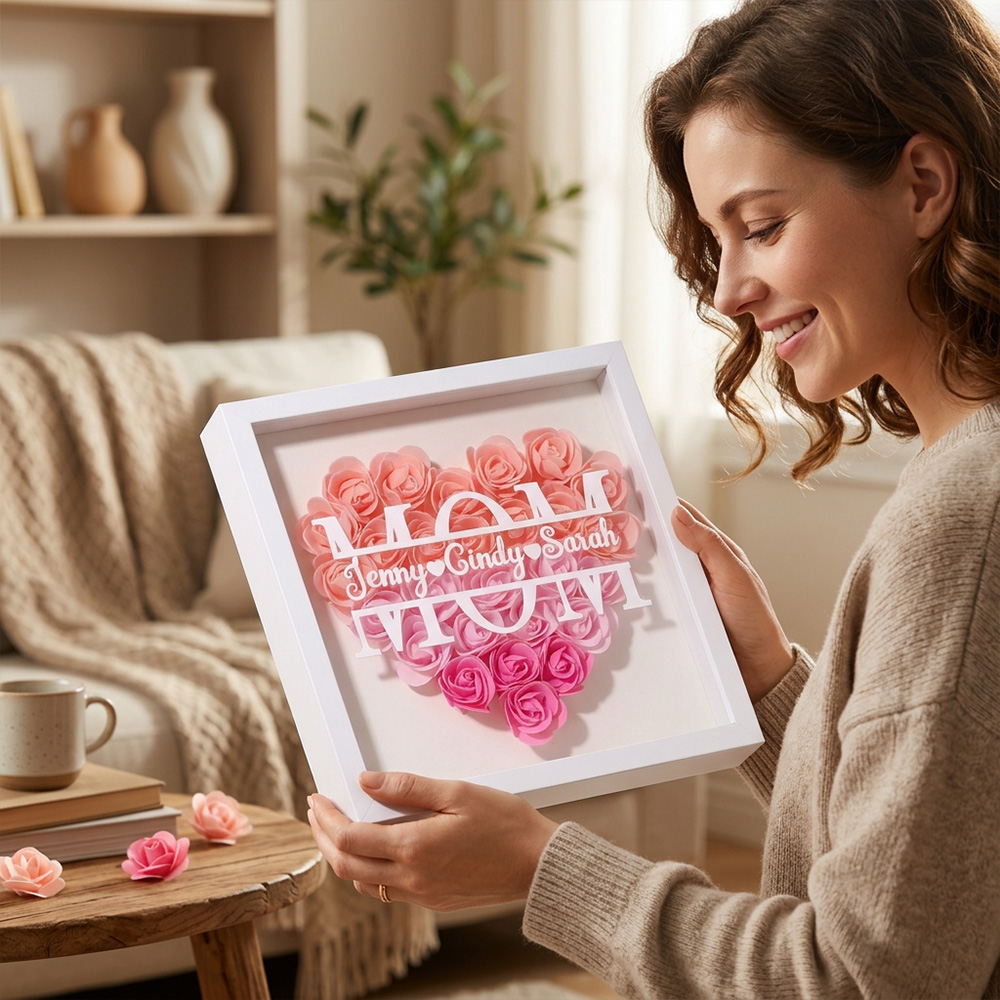 Personalized Mother’s Day Shadow Box – Custom Name Heart Rose Light Frame for Mom