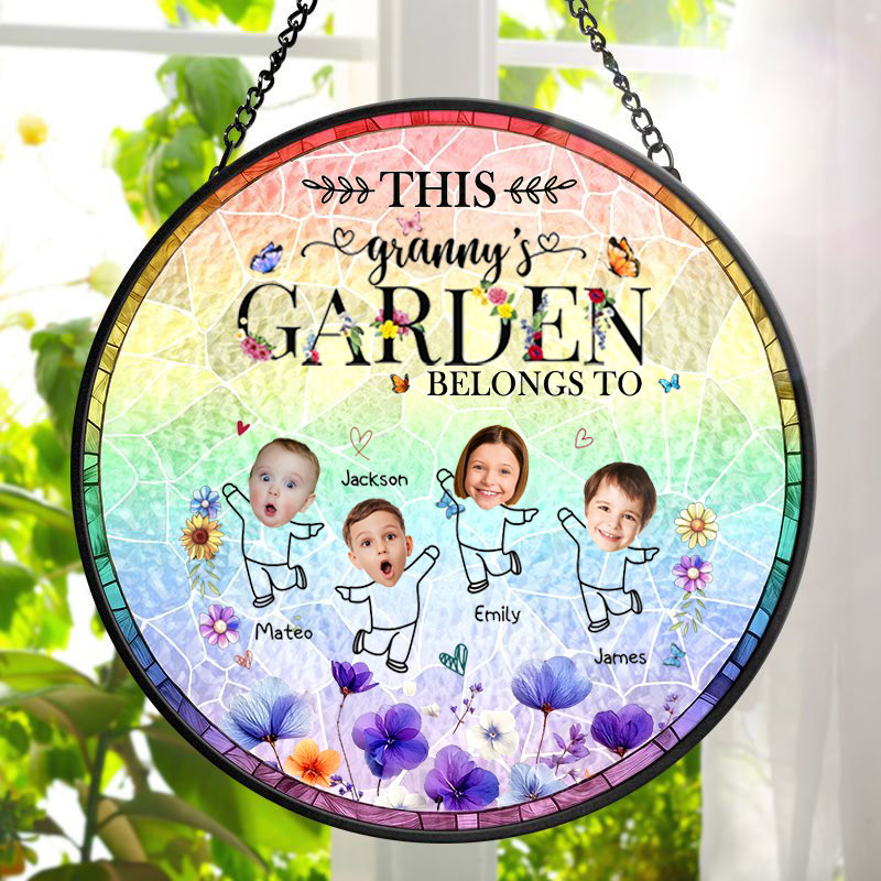 Personalized Birth Flower This Grandma's Mom's Garden Belongs Custom Stained Glass Window Hanging Suncatcher with Kids Mother's Day Gift