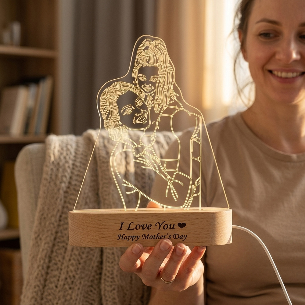 Personalized Mother’s Day Lamp – Custom Engraved Wooden Base Light with Mother and Daughter Design