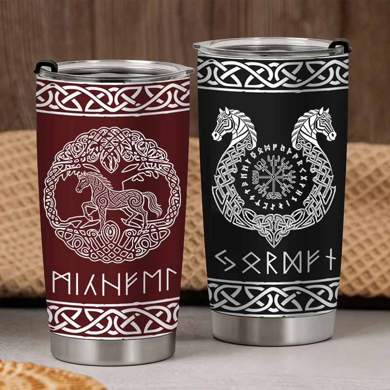 Personalized Multicolor Horse Celtic Guardians Viking Runes Norse Mythology Insulated Tumbler with Name Travel Daily Use Birthday Gift for Equestrain Lovers