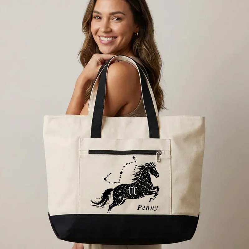 Personalized Zodiac Horoscope Horse Zippered Canvas Tote Bag with Name Essentials Birthday Gift for Equestrain Lovers