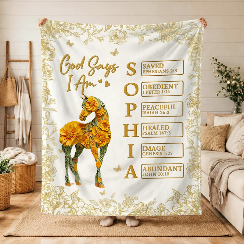 Personalized God Says I Am Horse Birth Flower Soft Throw Blanket with Name Home Use Mother Day Gift for Equestrain Lovers