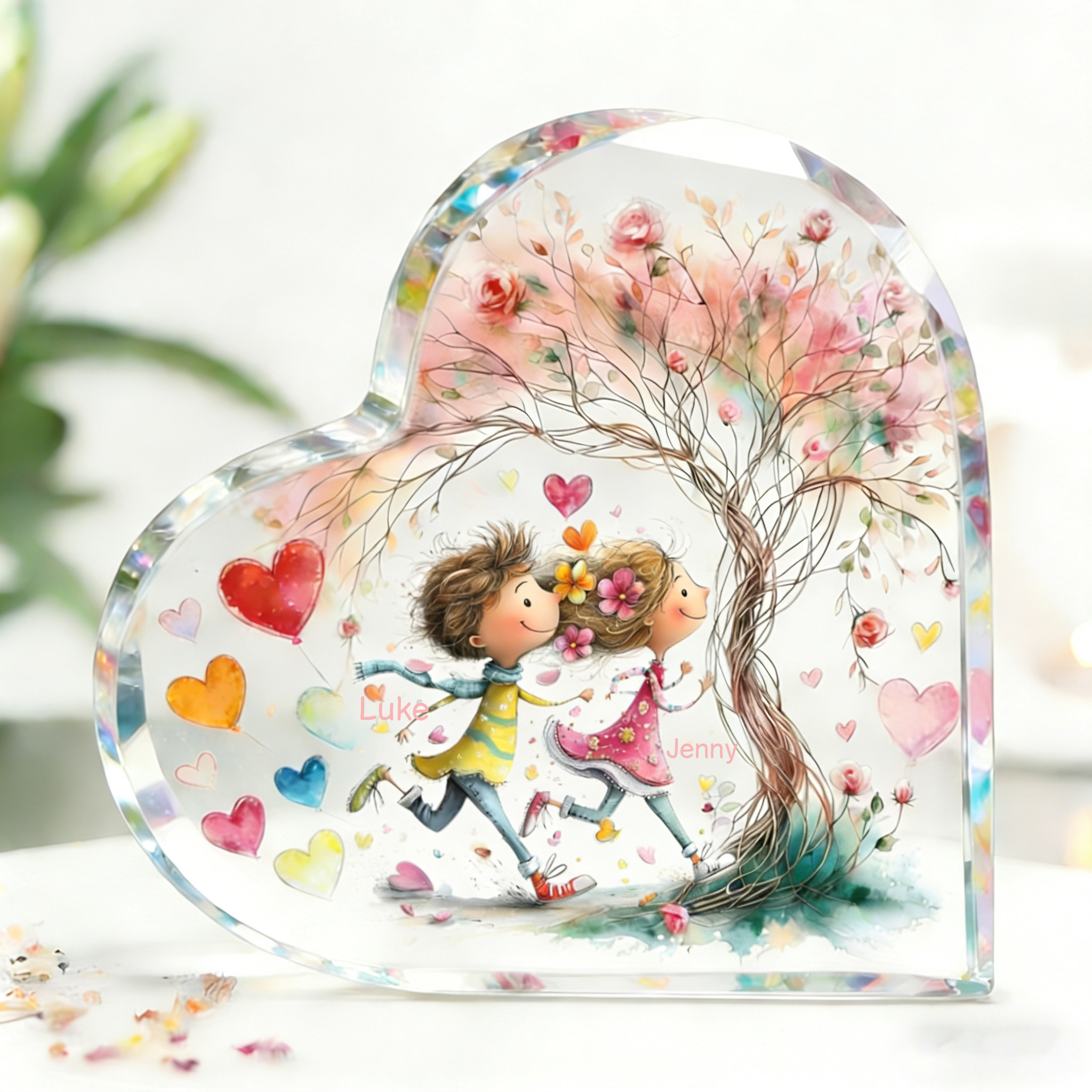 Personalized Cartoon Couple Plauqe Flower Tree Heart Shape Acrylic Plaque with Name Desk Decor Valentine's Day Gift for Couple