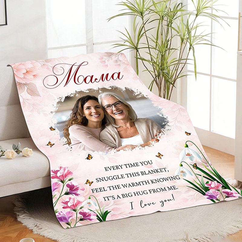 Personalized Mama Photo Blanket with Birthflower Mother's Day Gift For Mom Gigi Mimi Custom Grandmother Mom Birthday Gift 