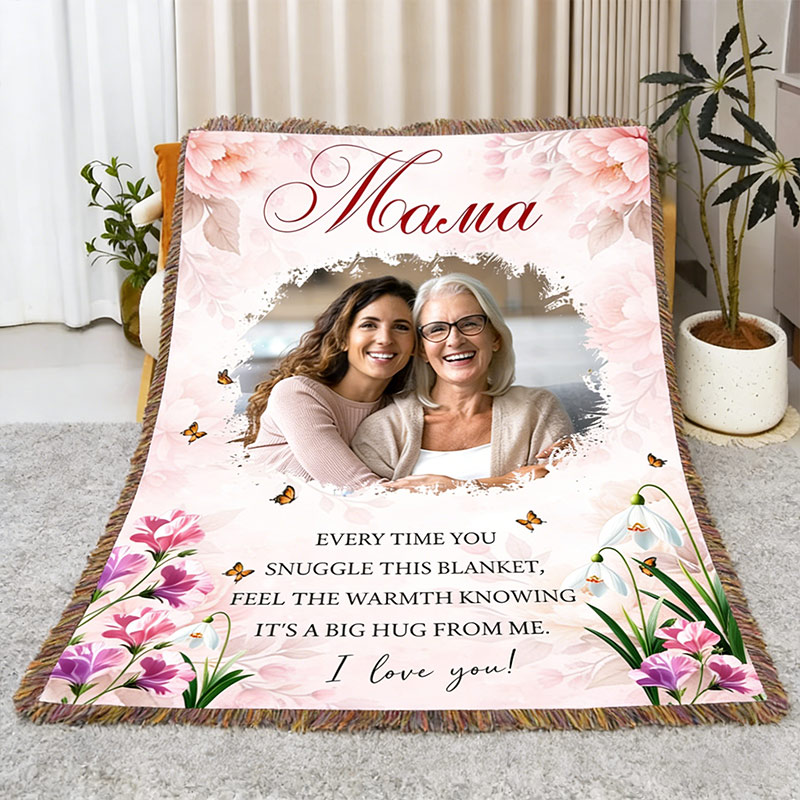 Personalized Mama Photo Blanket with Birthflower Woven Floral Throw Gift For Mom Gigi Mimi Mother's Day Gift Mom Birthday Gift