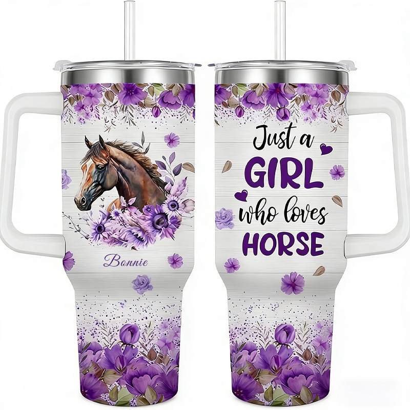 Personalized Birth Month Flower Horse Watercolor Pet Portrait Travel Tumbler Riders Gift for Equestrian Lover