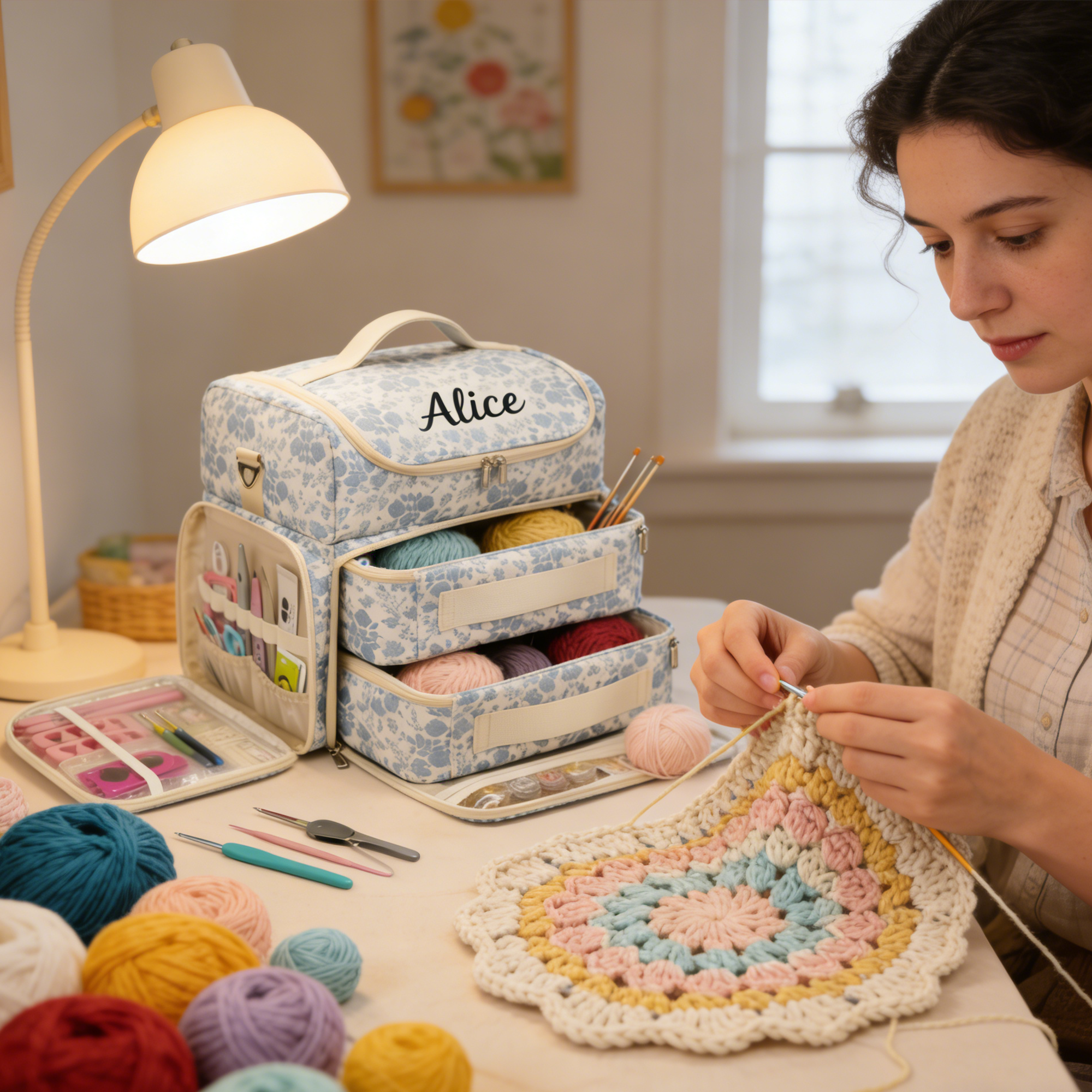 Personalized Large Capacity Floral Crochet & Knitting Bag with Multiple Compartments - Portable Yarn Storage Organizer for Craft Supplies