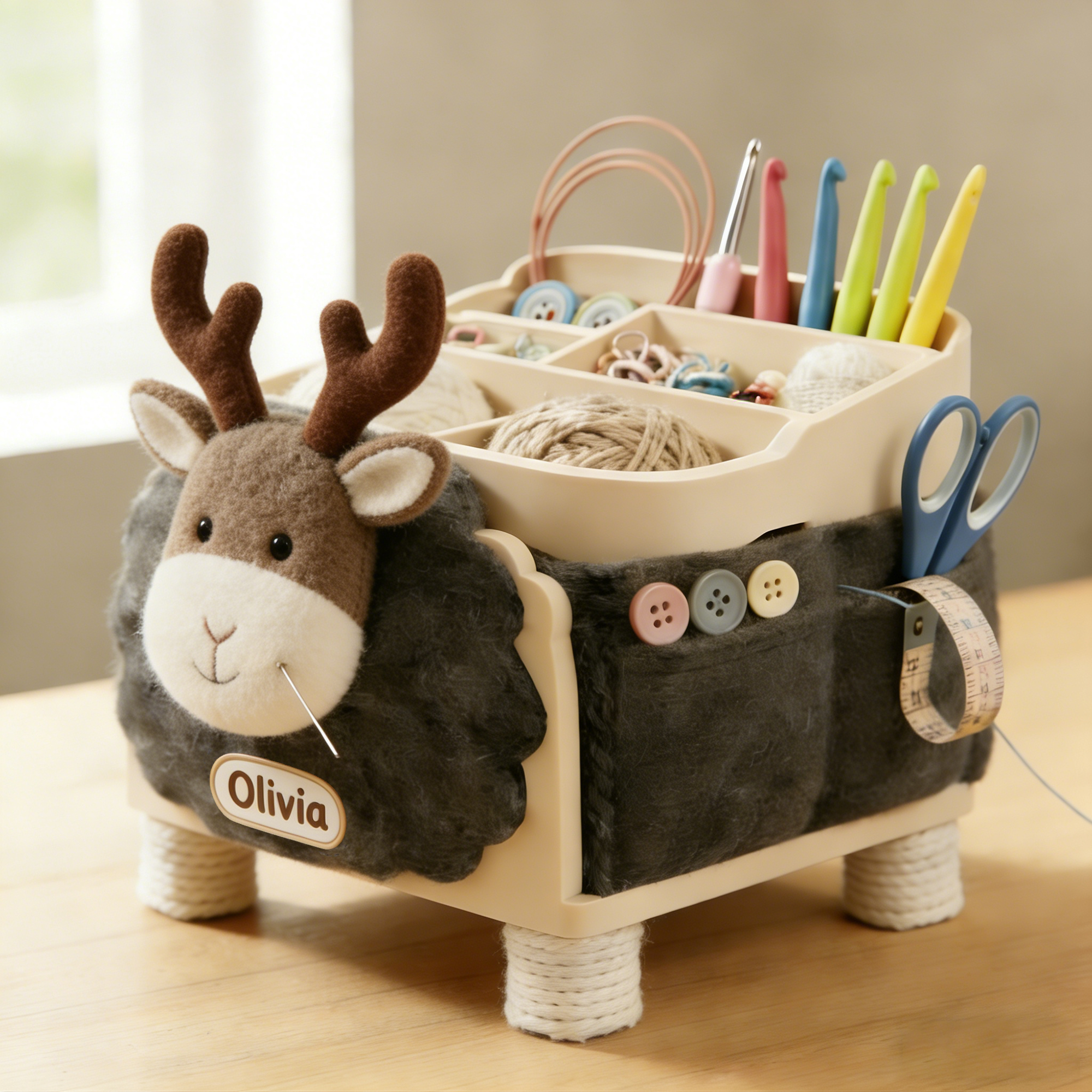 Personalized Cute Cat-Shaped Knitting & Sewing Storage Organizer – Personalized Craft Caddy with Plush Cat Design for Yarn, Needles, and Tools