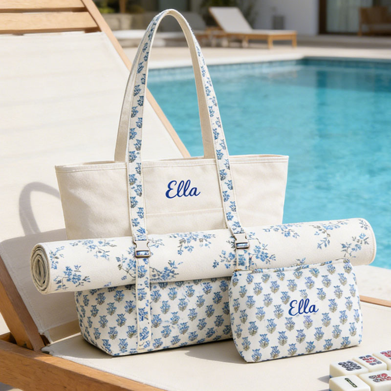 Mahjong Carry Set Personalized Embroidered Mahjong Tote Bag Canvas Carrier Cotton Pouch Block Mat Straps Custom Gift