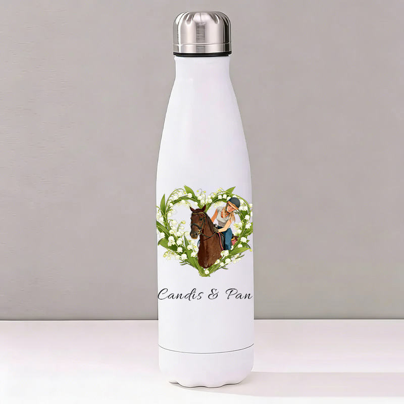 Personalized Birth Flower Heart Photo Custom Jumping Horse Insulated Bottle Pony Owners Thermal Flask Water Bottle for Equestrain Lovers
